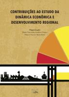 A imagem possui um fundo com textura bege no estilo de papel antigo e destaca, no centro inferior, uma faixa branca com a silhueta preta de elementos que representam o desenvolvimento regional e econômico — incluindo prédios urbanos, uma fábrica com chaminé, uma ferrovia, vegetação e um navio cargueiro. O lado direito da capa traz formas geométricas e um gráfico em formato de pizza parcial em tons vibrantes de amarelo, laranja e vermelho, delimitados por linhas pretas espessas em um estilo geométrico inspirado na arte abstrata.